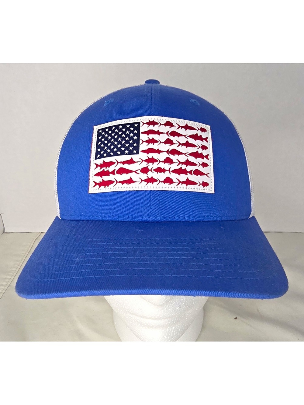 Columbia PFG Fish American Flag Trucker Hat Blue White Mesh Snapback O/S